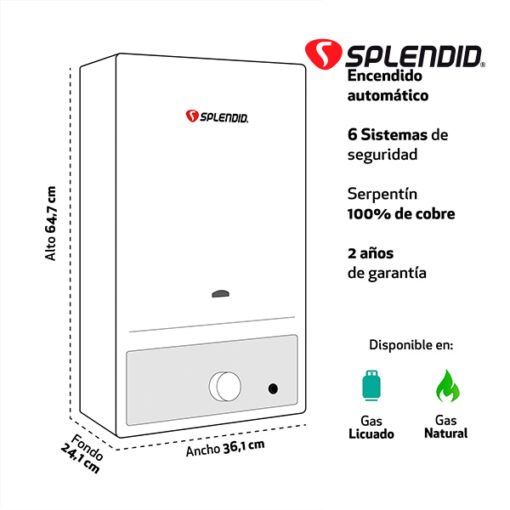 Calefont 13 Litros Splendid Gas Licuado Tiro Natural